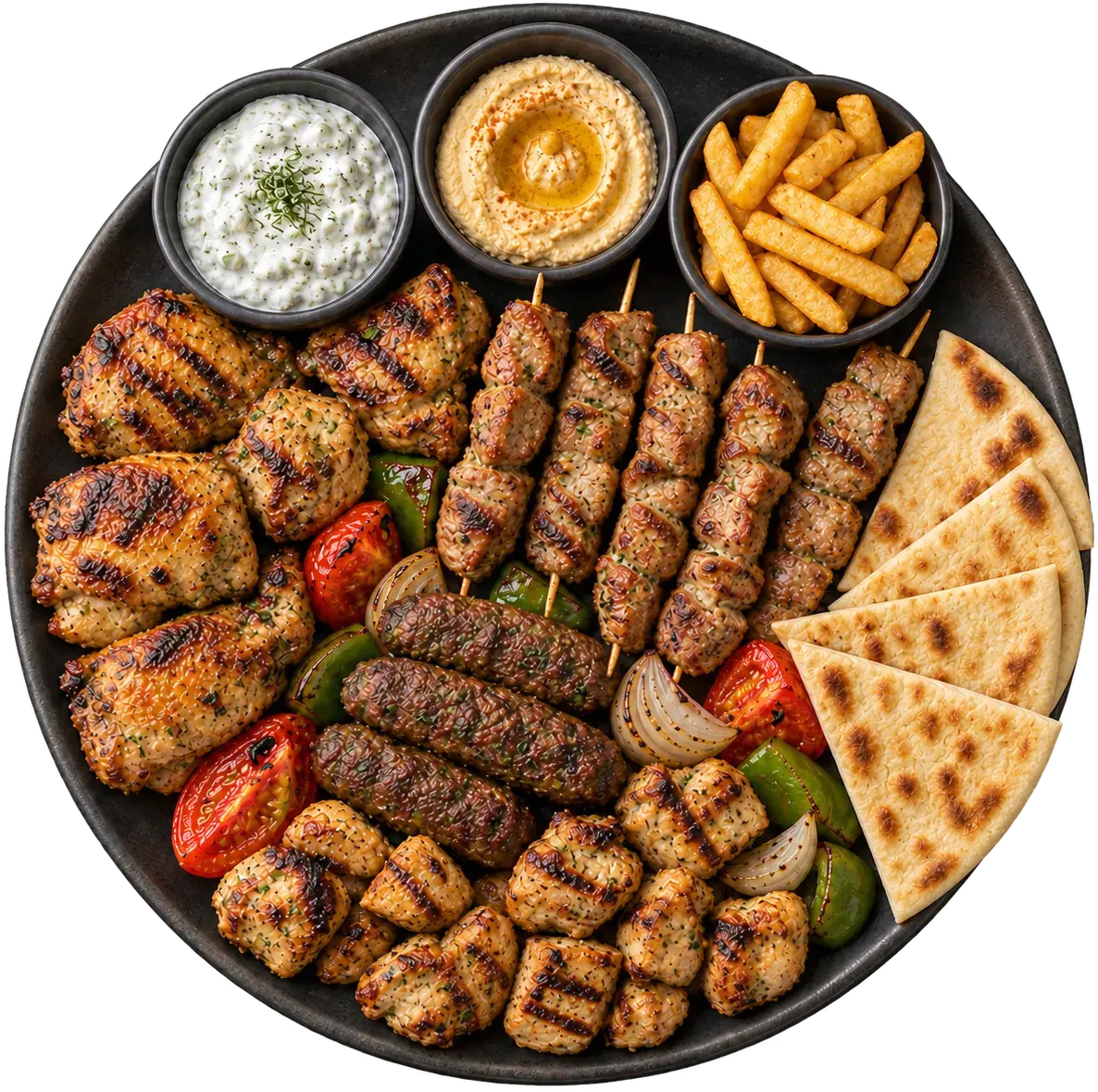 Große Grillplatte mit Hähnchen, Kefta, Souvlaki, Fladenbrot, Dips und Pommes